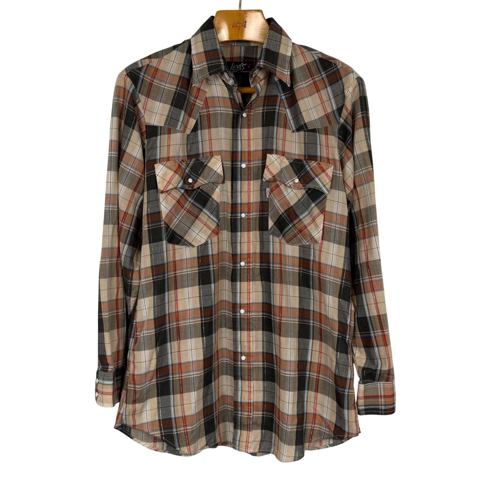 Levi's Western Shirt Mens L Brown Plaid Silver Metallic Thread Pearl Snap